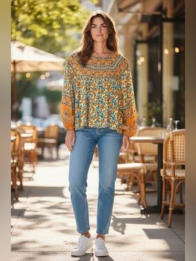Embroidered Boho Floral Blouse in Yellow & Blue